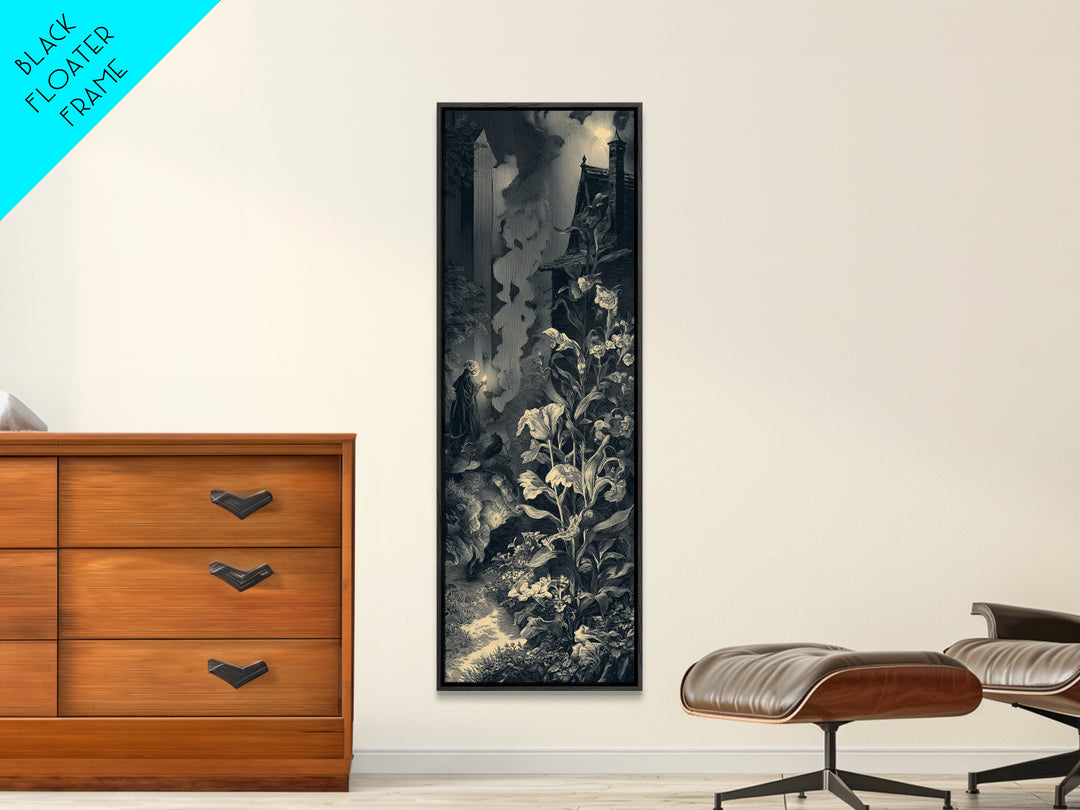 The Poison Garden, Gothic Engraving Art, Tall Narrow Wall Art, Dark Halloween Decor, Canvas Print, Halloween Wall Art