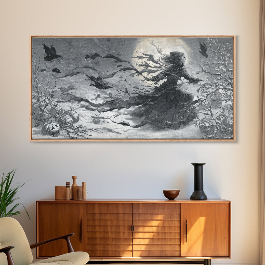 Frozen Halloween, Expressionist Nightmare Art, Wide Panoramic Art, Macabre Wall Art, Framed Canvas Print, Halloween Wall Art