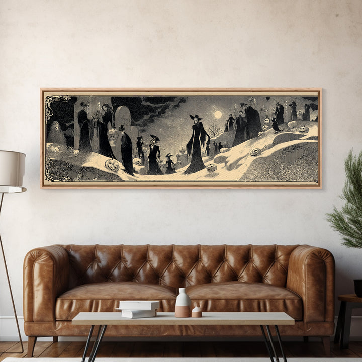 Frozen Halloween, Decadent Line Art, Extra Wide Wall Art, Gothic Horror Wall Art, Framed Canvas Print, Halloween Wall Art