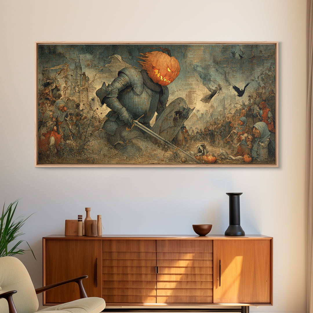 The Pumpkin Paladin, Northern Renaissance Horror, Wide Panoramic Art, Macabre Wall Art, Framed Canvas Print, Halloween Wall Art