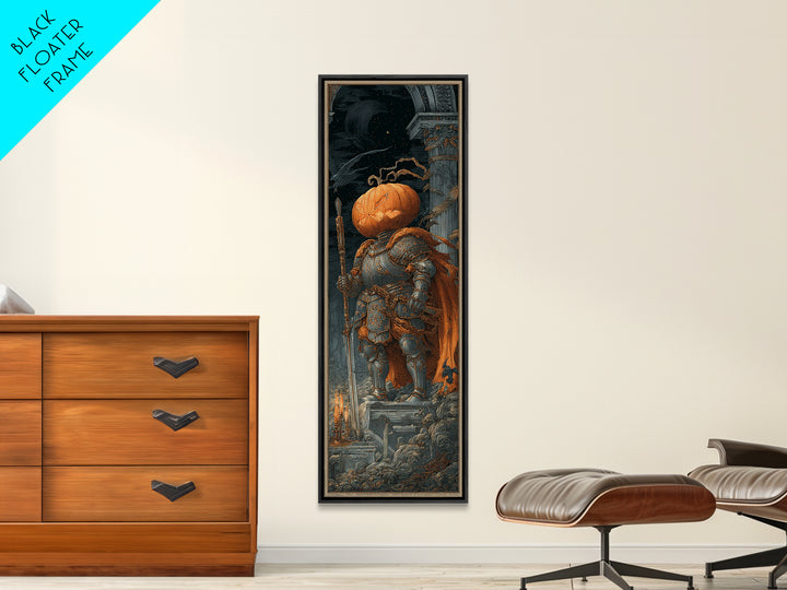 The Pumpkin Paladin, Architectural Etching Art, Tall Narrow Wall Art, Macabre Wall Art, Framed Canvas Print, Halloween Decor