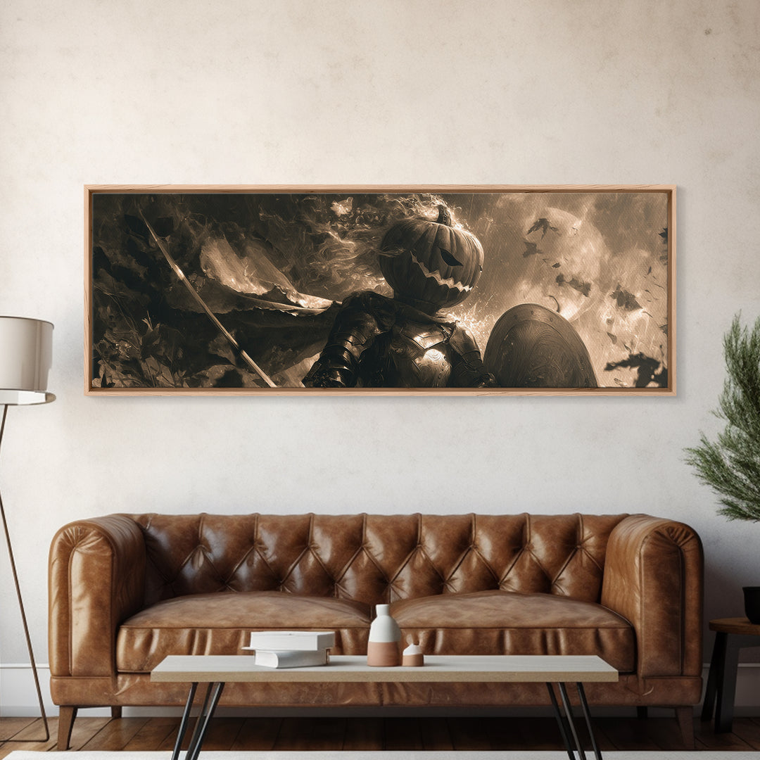 The Pumpkin Paladin, Symbolist Dream Art, Extra Wide Wall Art, Macabre Wall Art, Framed Canvas Print, Halloween Wall Art