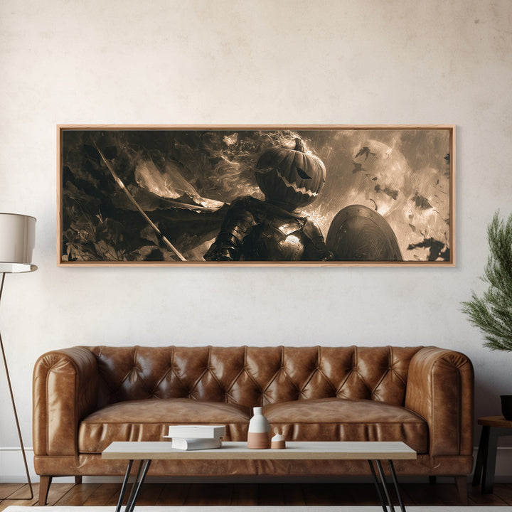 The Pumpkin Paladin, Symbolist Dream Art, Extra Wide Wall Art, Macabre Wall Art, Framed Canvas Print, Halloween Wall Art