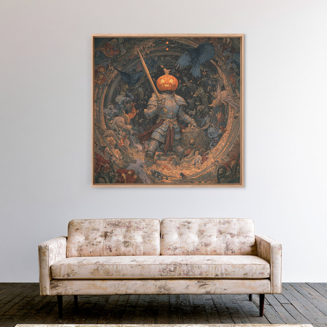 The Pumpkin Paladin, Ornate Symbolist Art, Square Wall Art, Dark Fantasy Wall Art, Canvas Print, Halloween Wall Art, Horror Wall Art