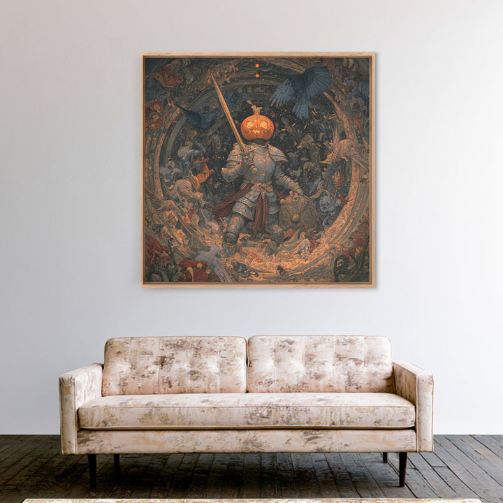 The Pumpkin Paladin, Ornate Symbolist Art, Square Wall Art, Dark Fantasy Wall Art, Canvas Print, Halloween Wall Art, Horror Wall Art