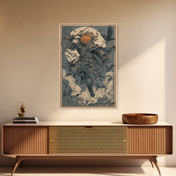 The Pumpkin Paladin, Symbolist Etching Art, Vertical Wall Art, Macabre Wall Art, Canvas Print, Halloween Wall Art, Seasonal Home Decor