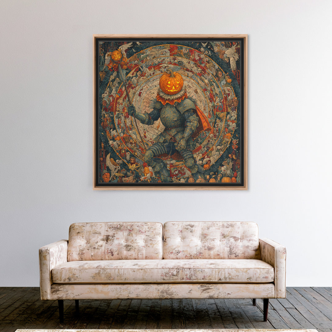 The Pumpkin Paladin, Grotesque Carnival Art, Square Wall Art, Dark Fantasy Wall Art, Canvas Print, Halloween Wall Art, Seasonal Home Decor