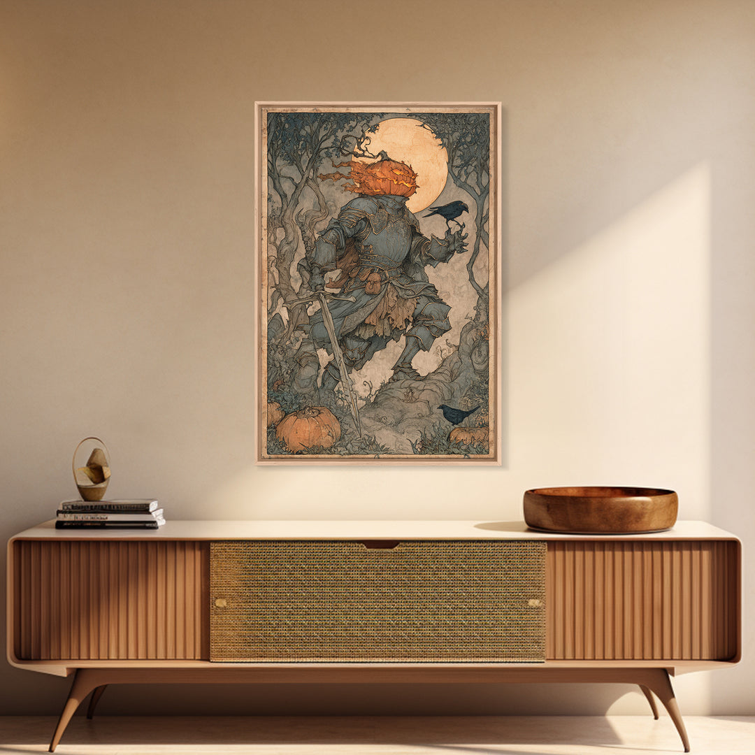 The Pumpkin Paladin, Gothic Storybook Art, Vertical Wall Art, Gothic Horror Wall Art, Canvas Print, Halloween Wall Art