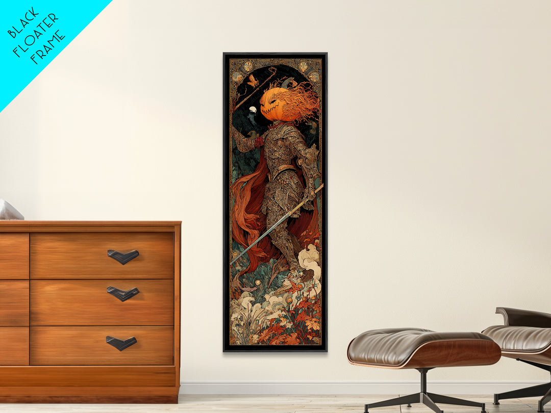 The Pumpkin Paladin, Stained Glass Gothic Art, Tall Narrow Wall Art, Dark Fantasy Wall Art, Canvas Print, Halloween Wall Art