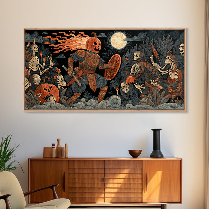 The Pumpkin Paladin, Macabre Folk Print Art, Wide Panoramic Art, Macabre Wall Art, Framed Canvas Print, Halloween Wall Art