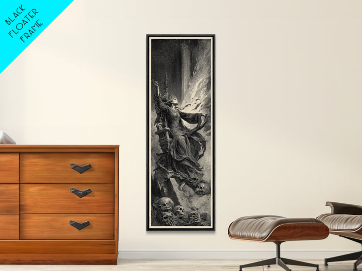 The Necromancer Queen, Gothic Engraving Art, Tall Narrow Wall Art, Dark Halloween Decor, Canvas Print, Halloween Wall Art