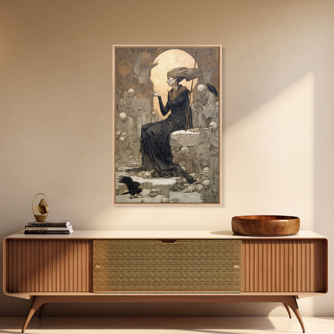 The Necromancer Queen, Symbolist Death Art, Vertical Wall Art, Dark Halloween Decor, Framed Canvas Print, Halloween Wall Art