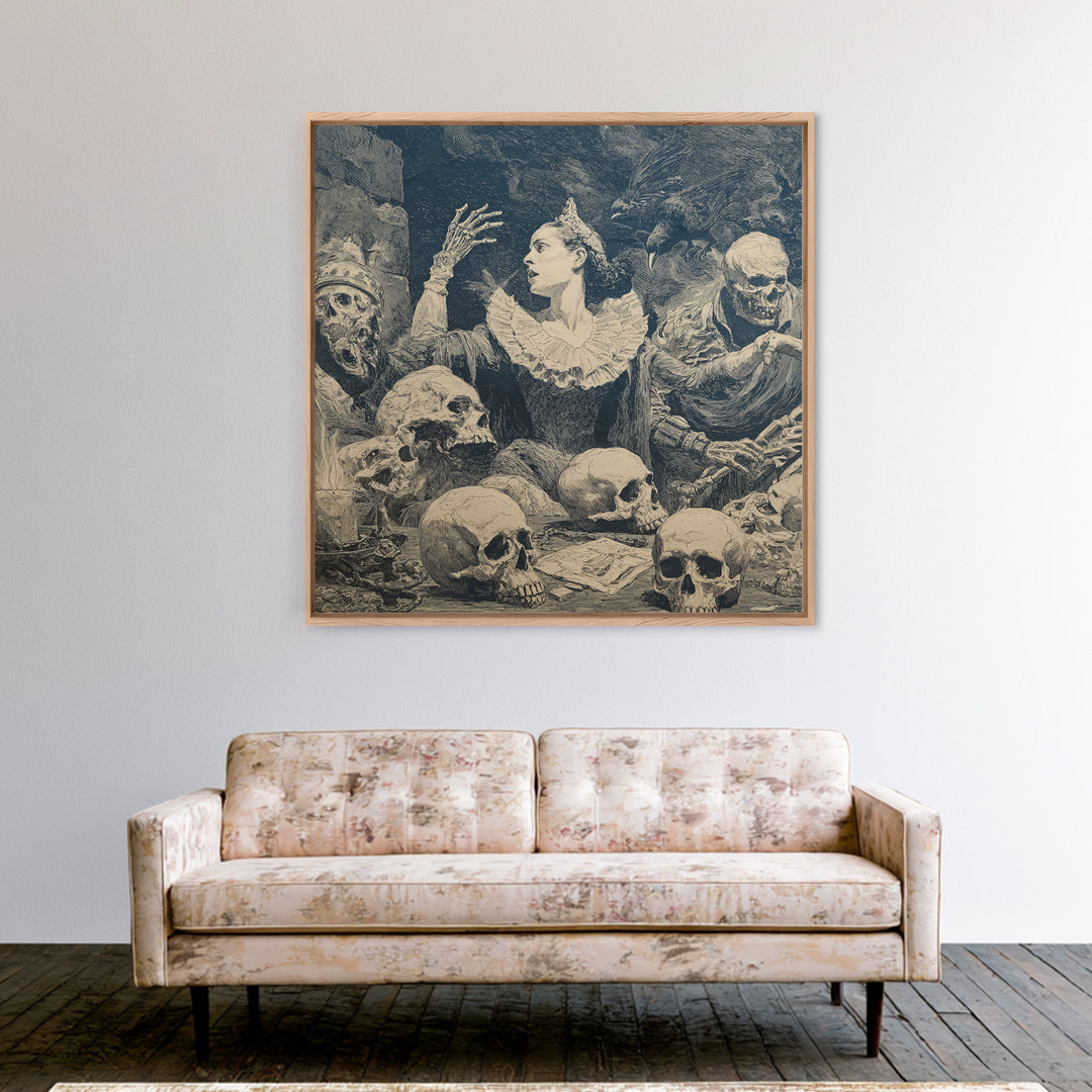 The Necromancer Queen, Symbolist Etching Art, Square Wall Art, Dark Halloween Decor, Canvas Print, Halloween Wall Art, Statement Wall Art