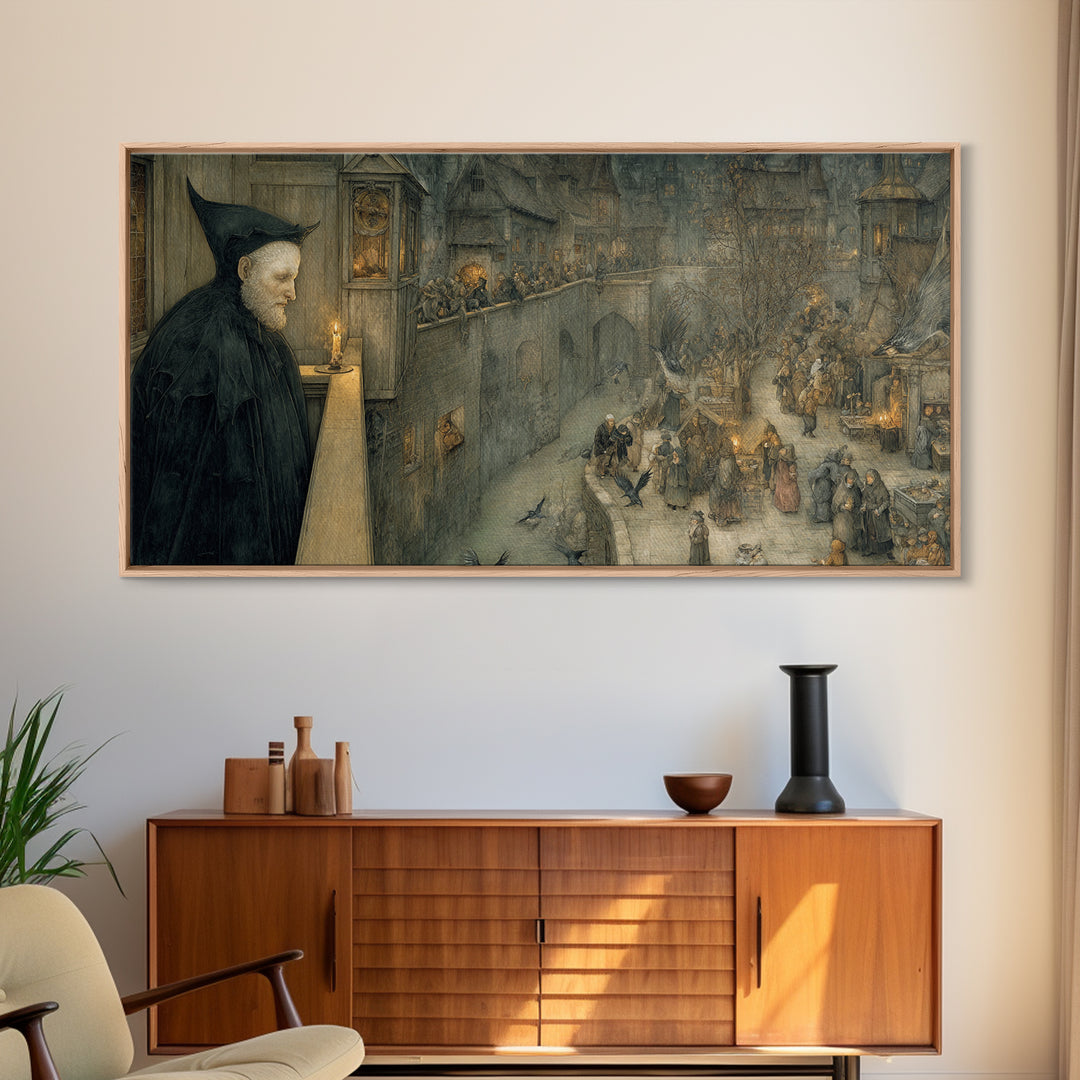 The Bat Prince, Northern Renaissance Horror, Wide Panoramic Art, Gothic Horror Wall Art, Canvas Print, Halloween Wall Art