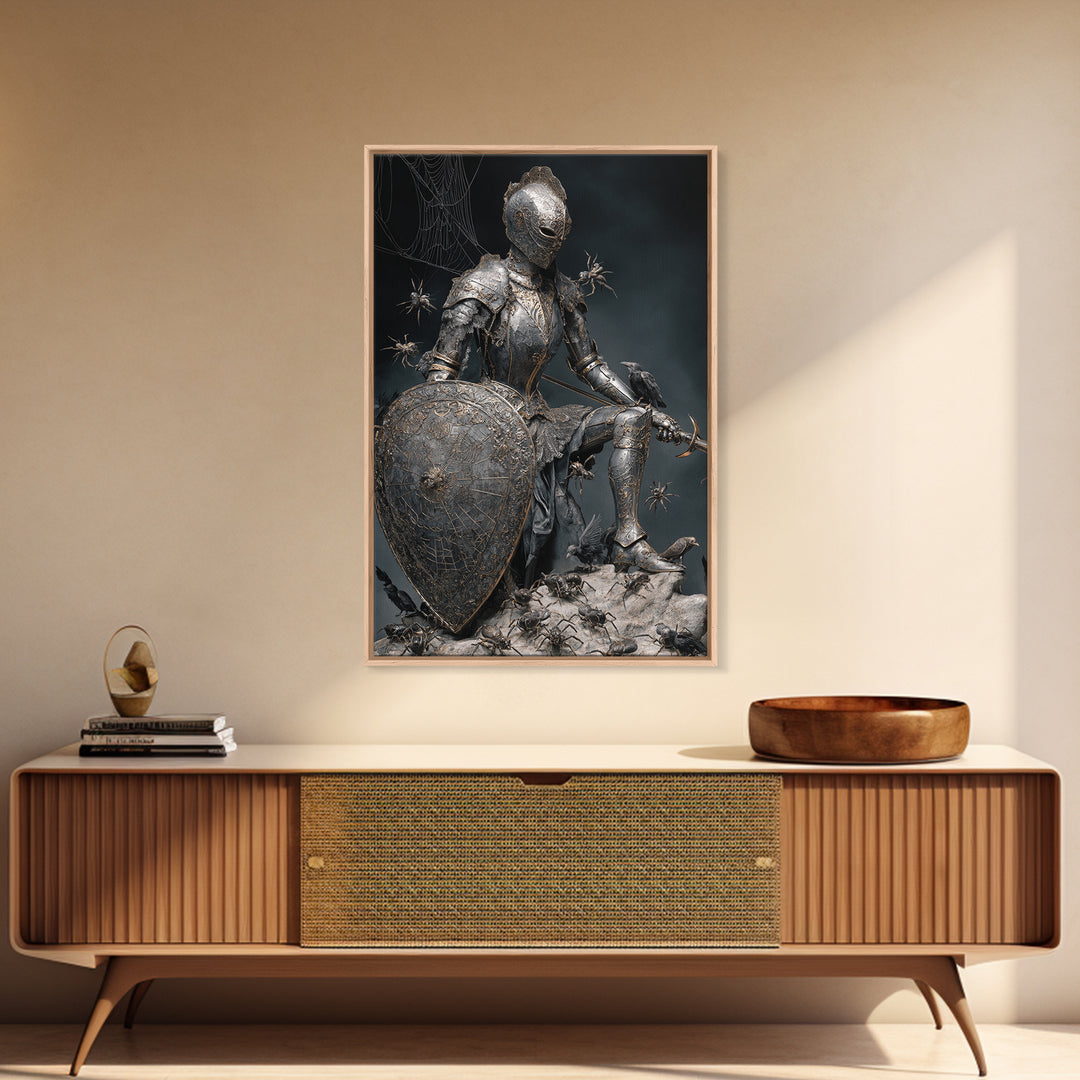 The Spider Knight, Visionary Gothic Art, Vertical Wall Art, Dark Halloween Decor, Framed Canvas Print, Halloween Wall Art