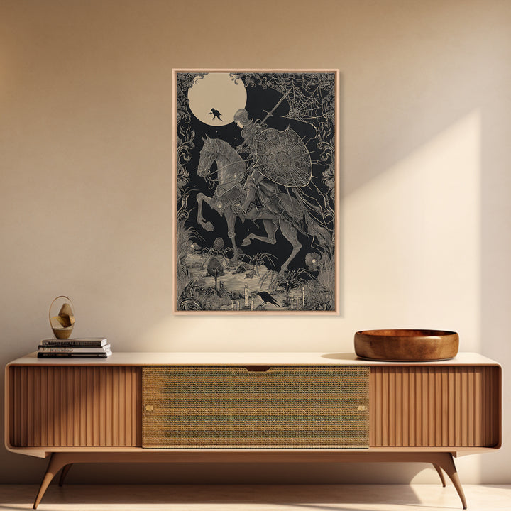The Spider Knight, Decadent Line Art, Vertical Wall Art, Macabre Wall Art, Framed Canvas Print, Halloween Wall Art