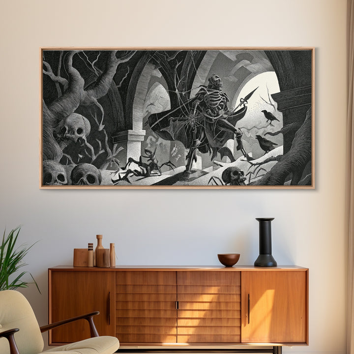 The Spider Knight, Macabre Folk Print Art, Wide Panoramic Art, Gothic Horror Wall Art, Framed Canvas Print, Halloween Wall Art