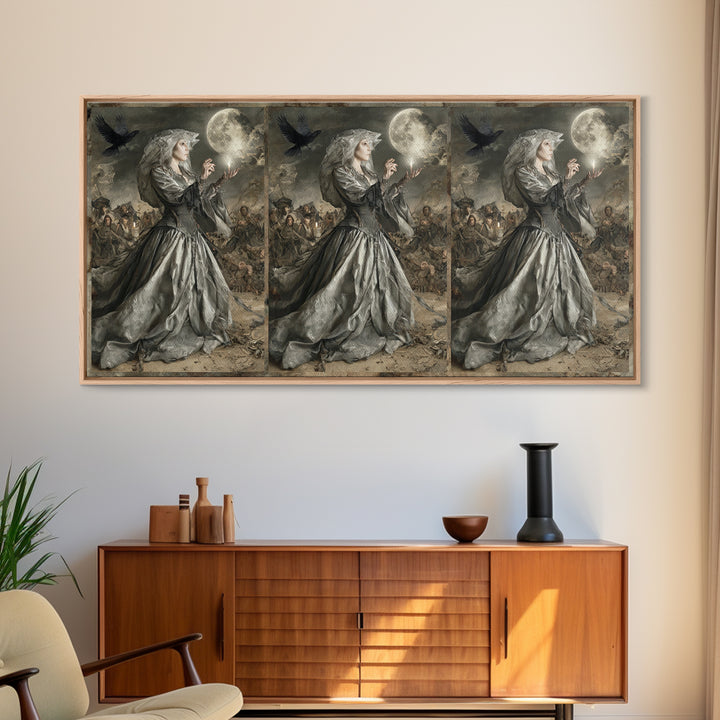 The Moon Priestess, Northern Renaissance Horror, Wide Panoramic Art, Macabre Wall Art, Framed Canvas Print, Halloween Wall Art
