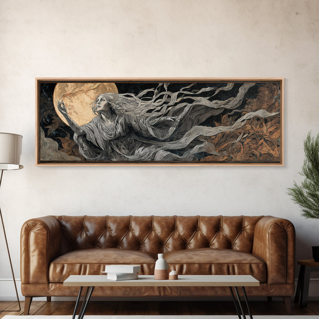 The Moon Priestess, Visionary Gothic Art, Extra Wide Wall Art, Dark Fantasy Wall Art, Framed Canvas Print, Halloween Wall Art