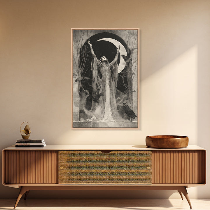 The Moon Priestess, Symbolist Dream Art, Vertical Wall Art, Macabre Wall Art, Framed Canvas Print, Halloween Wall Art