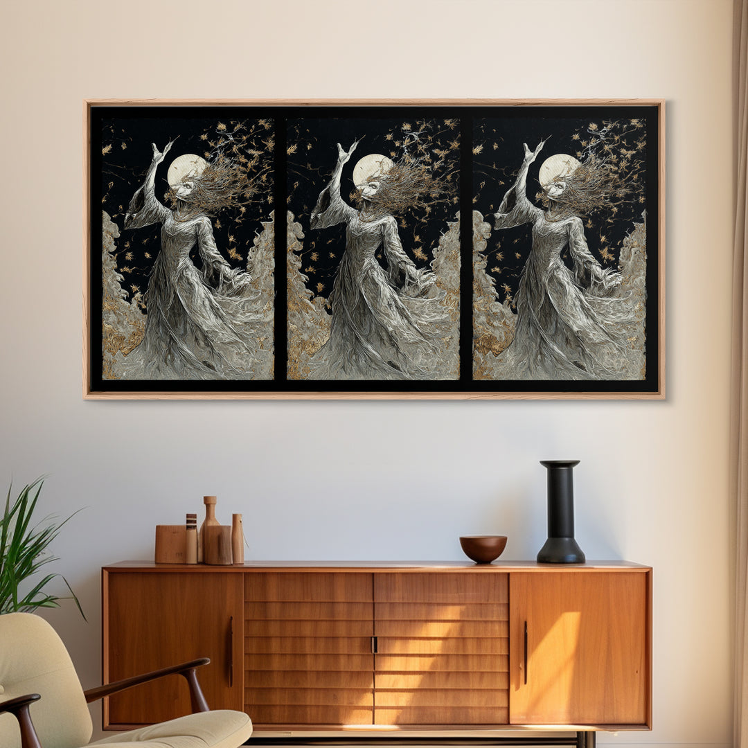 The Moon Priestess, Grotesque Carnival Art, Wide Panoramic Art, Macabre Wall Art, Framed Canvas Print, Halloween Wall Art, Halloween Decor