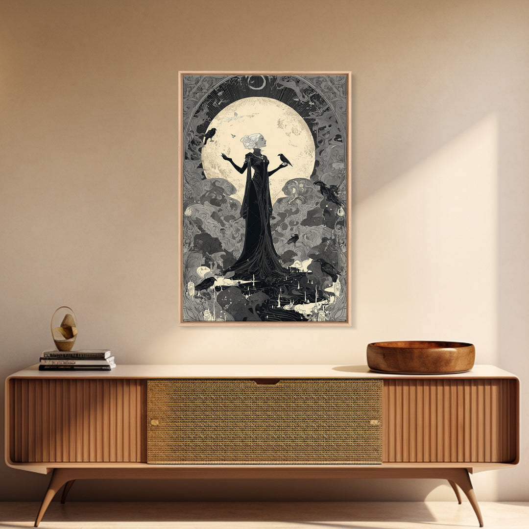 The Moon Priestess, Decadent Line Art, Vertical Wall Art, Gothic Horror Wall Art, Framed Canvas Print, Halloween Wall Art