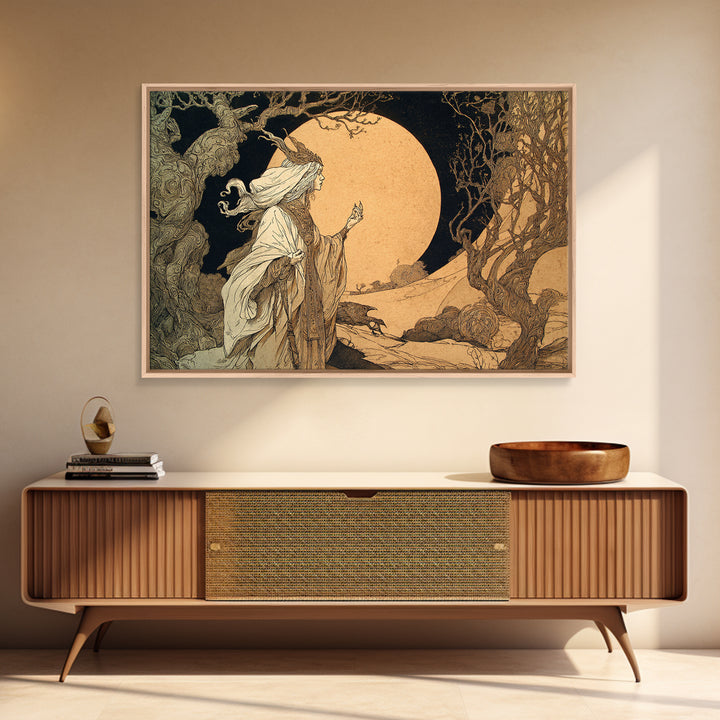 The Moon Priestess, Gothic Storybook Art, Landscape Wall Art, Macabre Wall Art, Framed Canvas Print, Halloween Wall Art