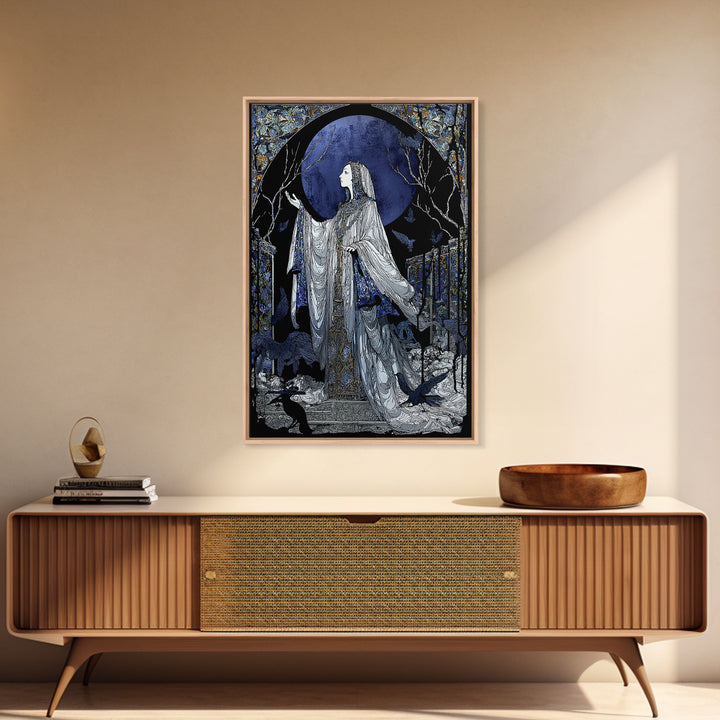 The Moon Priestess, Stained Glass Gothic Art, Vertical Wall Art, Macabre Wall Art, Framed Canvas Print, Halloween Wall Art