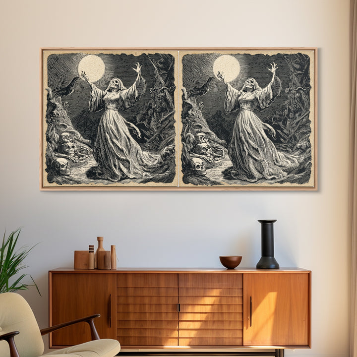 The Moon Priestess, Macabre Folk Print Art, Wide Panoramic Art, Macabre Wall Art, Canvas Print, Halloween Wall Art