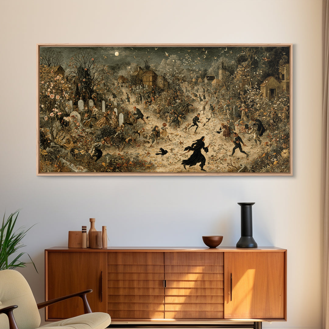 The Graveyard Gardener, Northern Renaissance Horror, Wide Panoramic Art, Gothic Horror Wall Art, Canvas Print, Halloween Wall Art