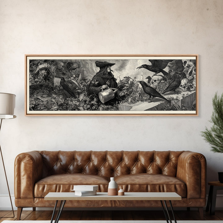 The Graveyard Gardener, Renaissance Engraving Art, Extra Wide Wall Art, Gothic Horror Wall Art, Canvas Print, Halloween Wall Art