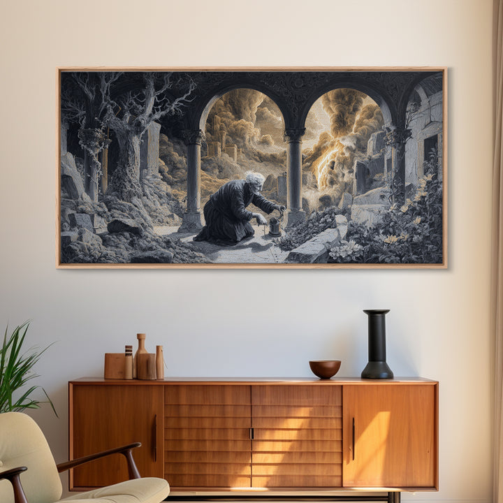 The Graveyard Gardener, Apocalyptic Romantic Art, Wide Panoramic Art, Dark Fantasy Wall Art, Framed Canvas Print, Halloween Wall Art