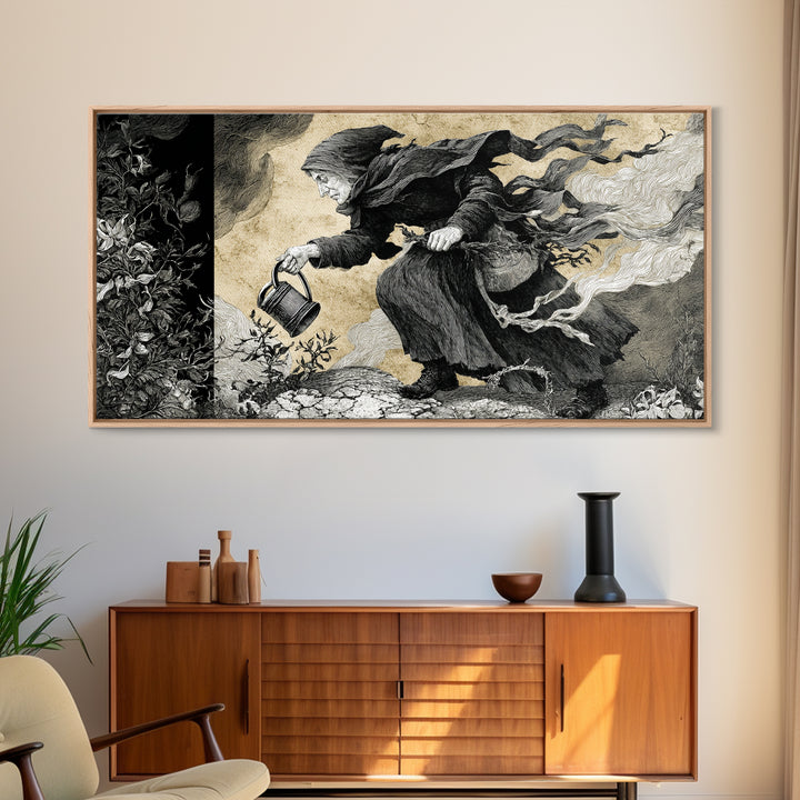 The Graveyard Gardener, Expressionist Nightmare Art, Wide Panoramic Art, Dark Fantasy Wall Art, Framed Canvas Print, Halloween Wall Art