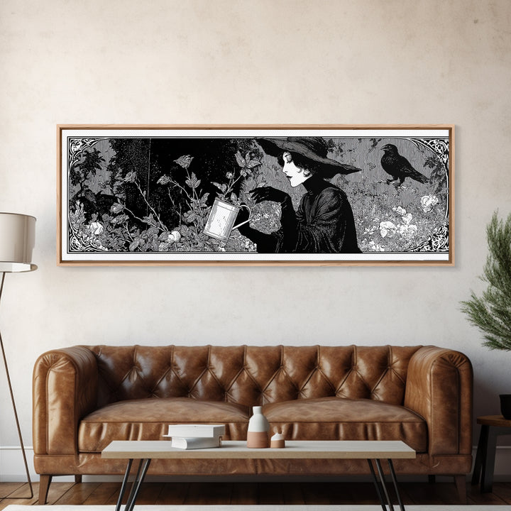 The Graveyard Gardener, Decadent Line Art, Extra Wide Wall Art, Gothic Horror Wall Art, Framed Canvas Print, Halloween Wall Art