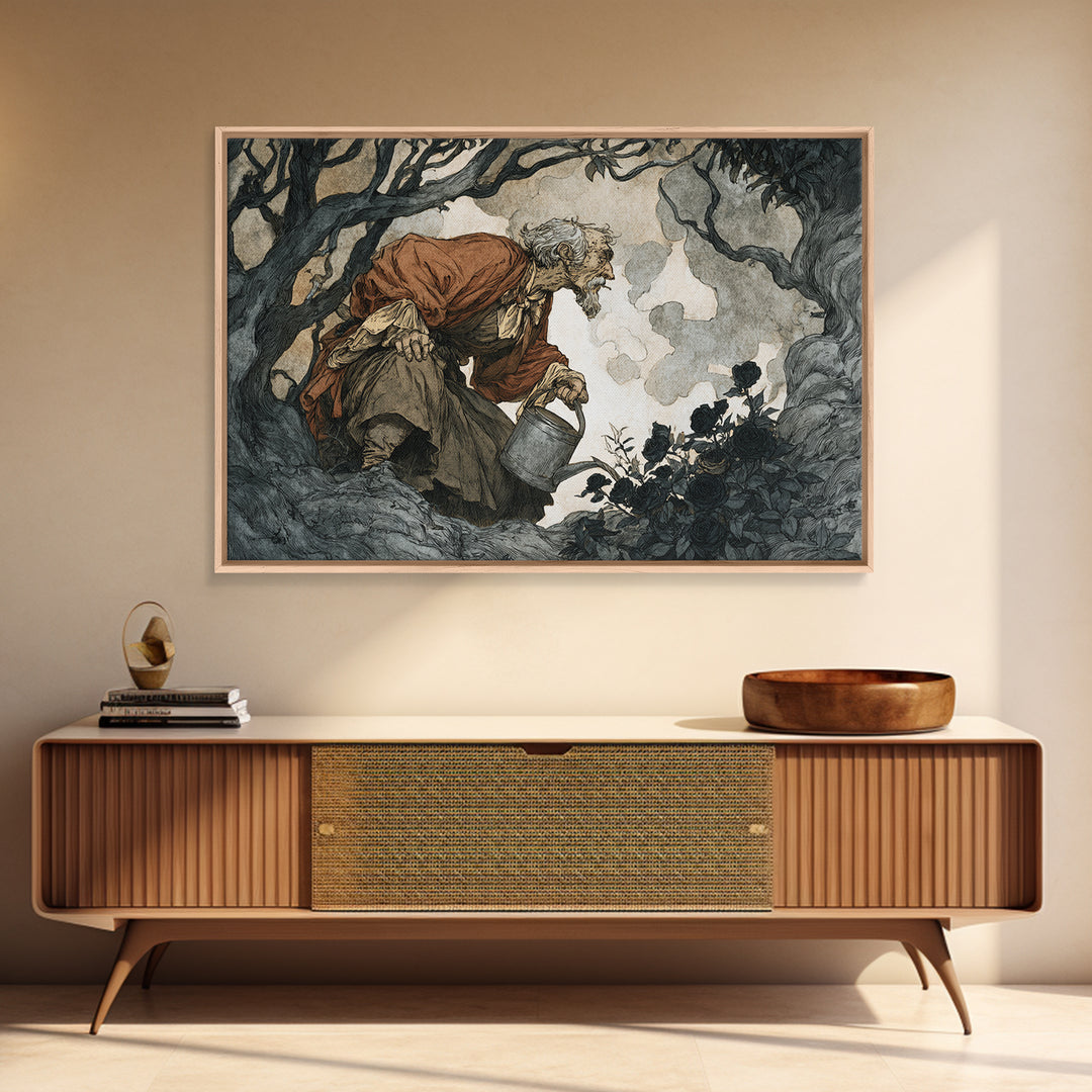 The Graveyard Gardener, Gothic Storybook Art, Landscape Wall Art, Dark Fantasy Wall Art, Canvas Print, Halloween Wall Art