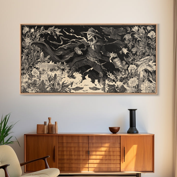 The Graveyard Gardener, Macabre Folk Print Art, Wide Panoramic Art, Macabre Wall Art, Framed Canvas Print, Halloween Wall Art