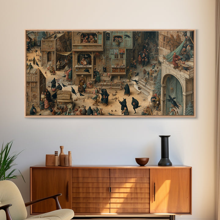 The Crow-Masked Assassin, Northern Renaissance Horror, Wide Panoramic Art, Macabre Wall Art, Framed Canvas Print