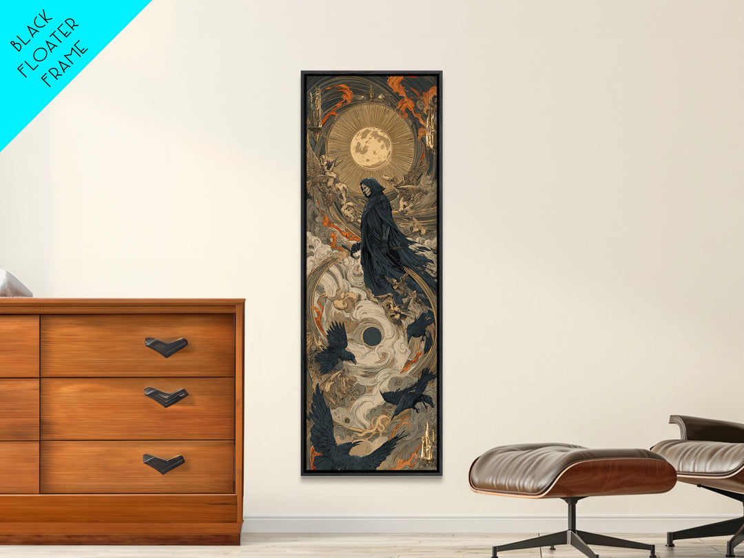 The Crow-Masked Assassin, Visionary Gothic Art, Tall Narrow Wall Art, Dark Halloween Decor, Framed Canvas Print, Halloween Wall Art