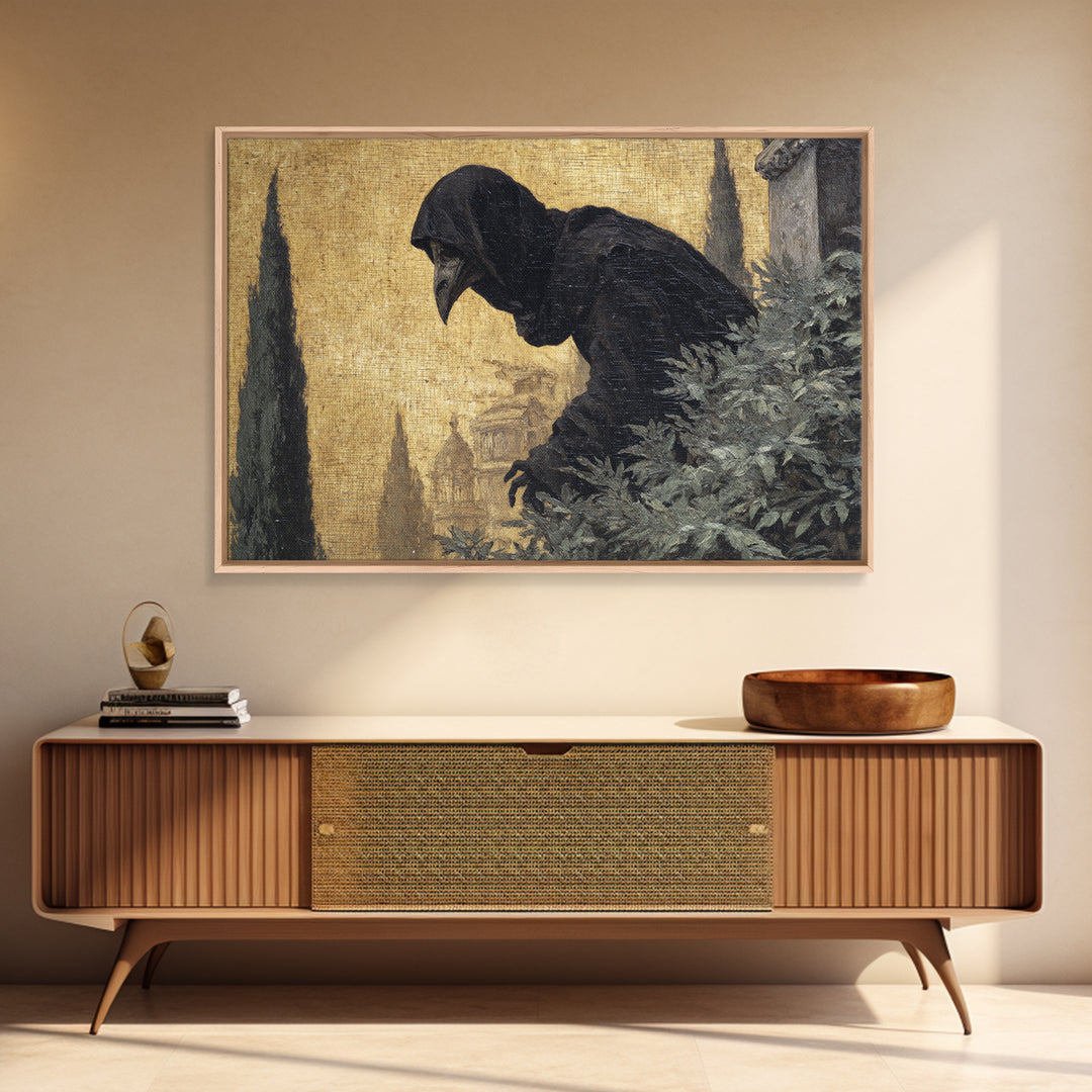 The Crow-Masked Assassin, Symbolist Gothic Landscape, Landscape Wall Art, Dark Halloween Decor, Framed Canvas Print, Halloween Wall Art