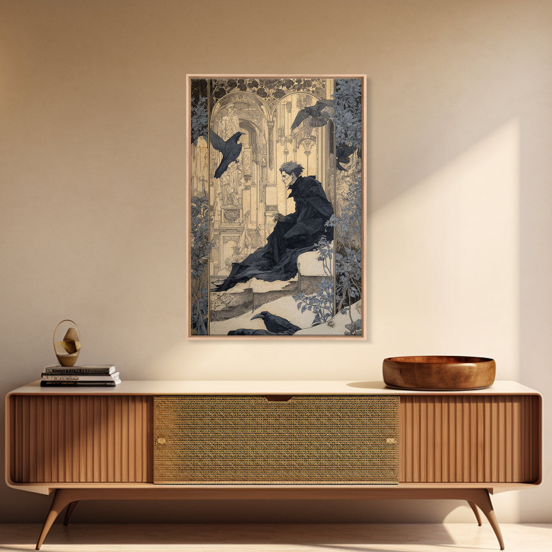 The Crow-Masked Assassin, Symbolist Death Art, Vertical Wall Art, Macabre Wall Art, Framed Canvas Print, Halloween Wall Art