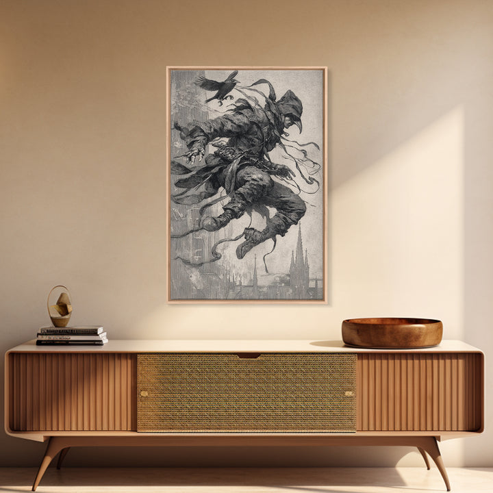 The Crow-Masked Assassin, Symbolist Etching Art, Vertical Wall Art, Dark Halloween Decor, Canvas Print, Halloween Wall Art