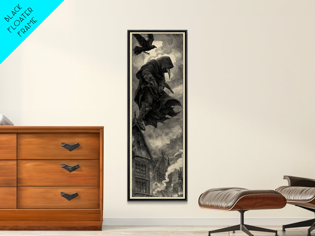 The Crow-Masked Assassin, Expressionist Nightmare Art, Tall Narrow Wall Art, Macabre Wall Art, Framed Canvas Print, Halloween Wall Art