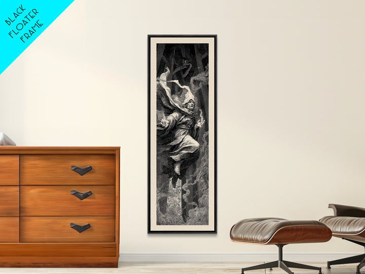 The Lantern Mage, Gothic Engraving Art, Tall Narrow Wall Art, Macabre Wall Art, Framed Canvas Print, Halloween Wall Art