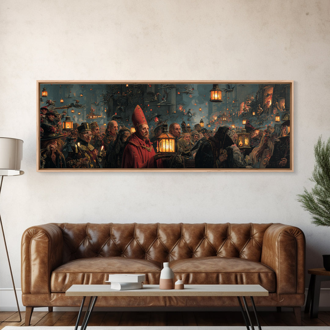 The Lantern Mage, Medieval Grotesque Art, Extra Wide Wall Art, Dark Fantasy Wall Art, Canvas Print, Halloween Wall Art