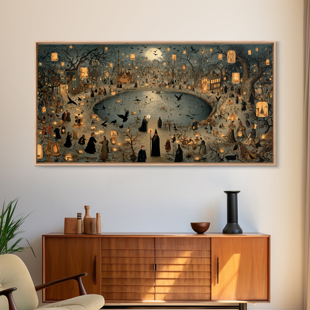 The Lantern Mage, Northern Renaissance Horror, Wide Panoramic Art, Dark Halloween Decor, Canvas Print, Halloween Wall Art