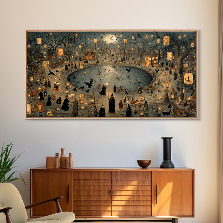The Lantern Mage, Northern Renaissance Horror, Wide Panoramic Art, Dark Halloween Decor, Canvas Print, Halloween Wall Art