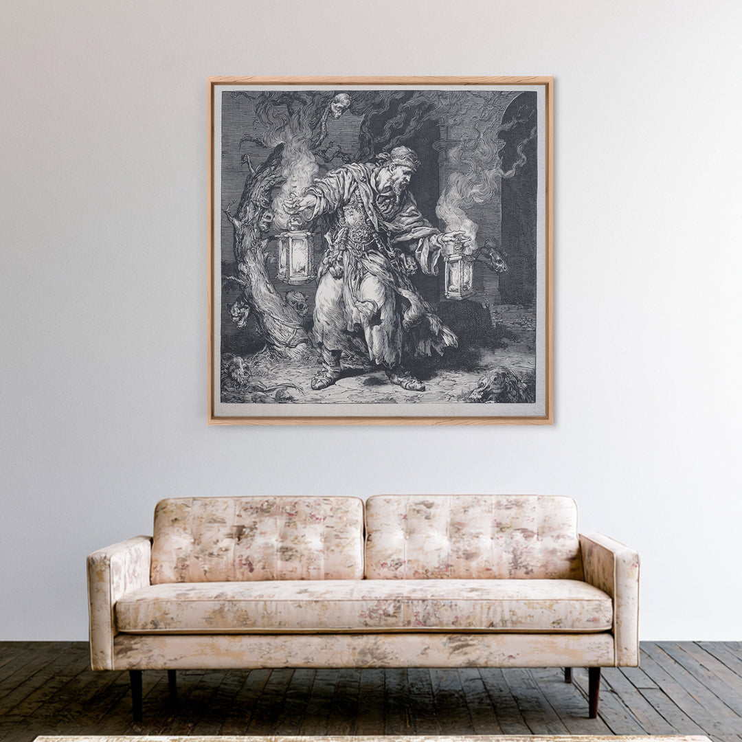 The Lantern Mage, Renaissance Engraving Art, Square Wall Art, Dark Halloween Decor, Canvas Print, Halloween Wall Art