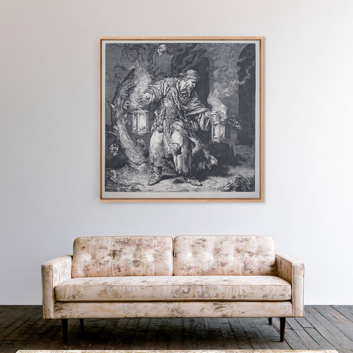 The Lantern Mage, Renaissance Engraving Art, Square Wall Art, Dark Halloween Decor, Canvas Print, Halloween Wall Art