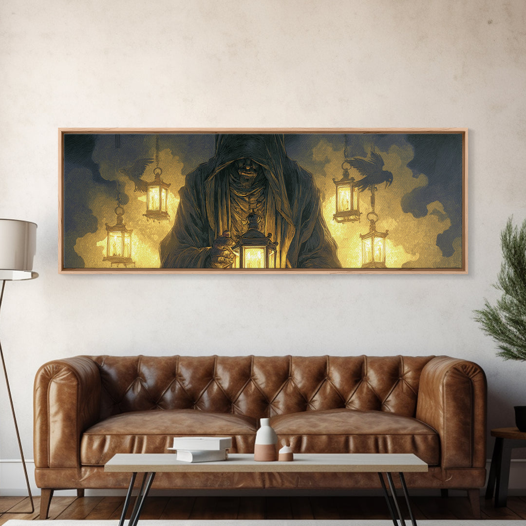 The Lantern Mage, Visionary Gothic Art, Extra Wide Wall Art, Dark Fantasy Wall Art, Framed Canvas Print, Halloween Wall Art
