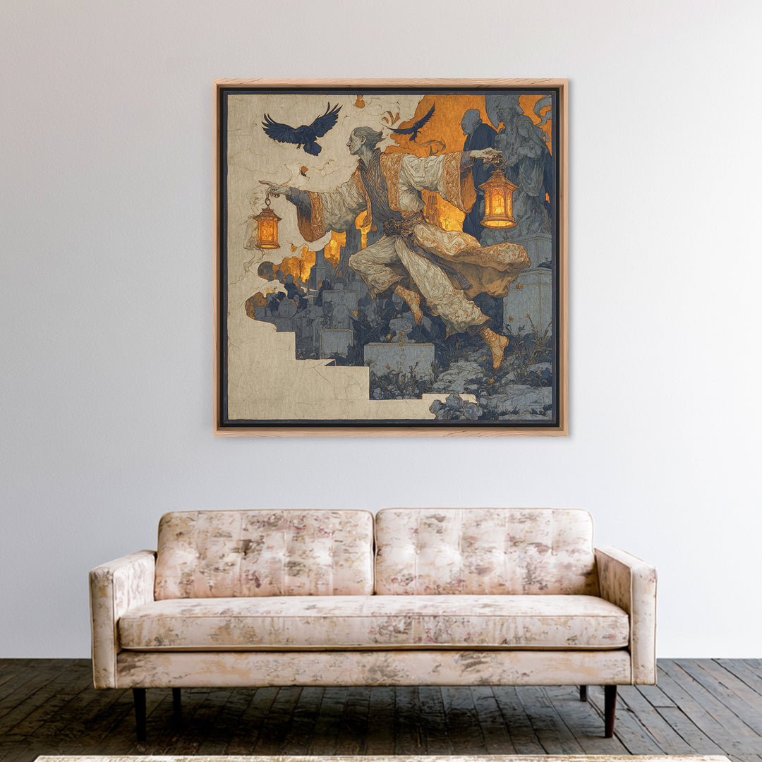 The Lantern Mage, Symbolist Death Art, Square Wall Art, Macabre Wall Art, Framed Canvas Print, Halloween Wall Art, Halloween Decor